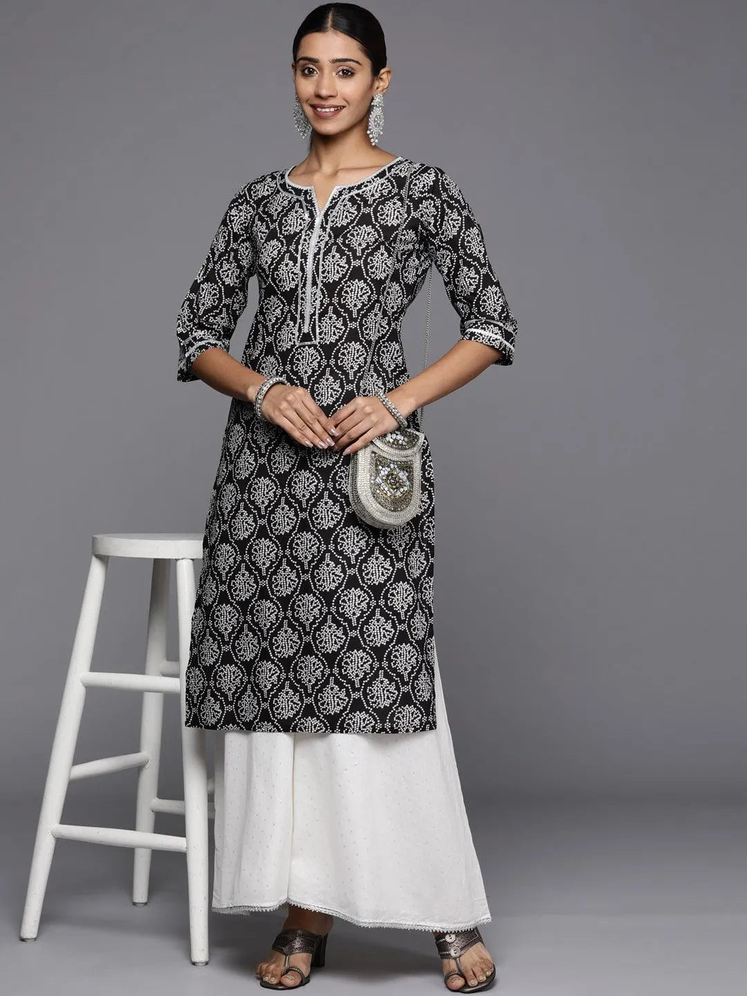 Black Printed Cotton Straight Kurta - Libas