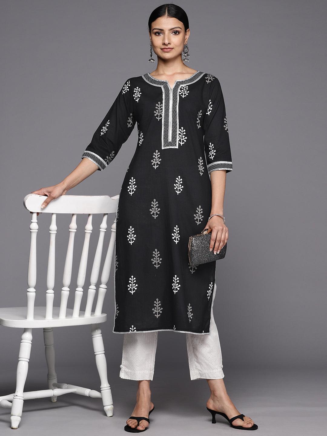 Black Printed Cotton Straight Kurta - Libas 