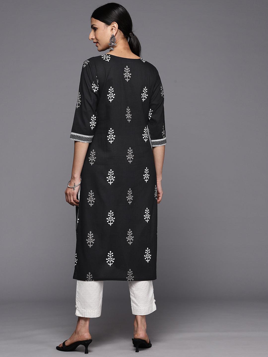 Black Printed Cotton Straight Kurta - Libas 