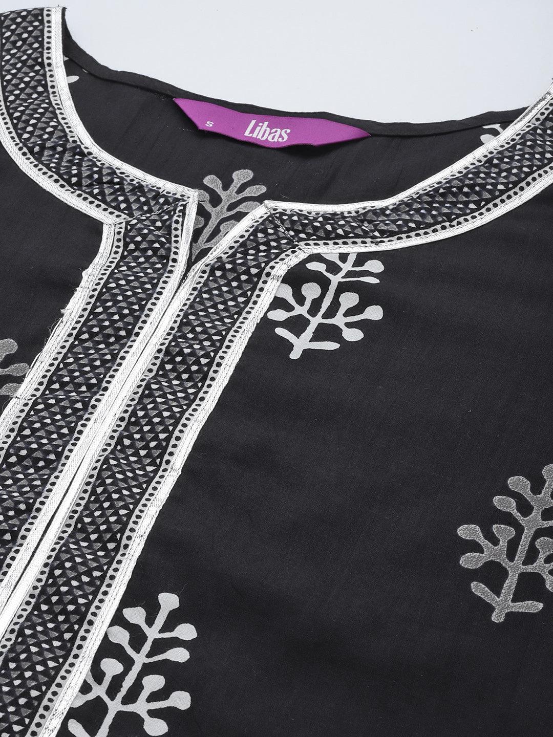 Black Printed Cotton Straight Kurta - Libas 