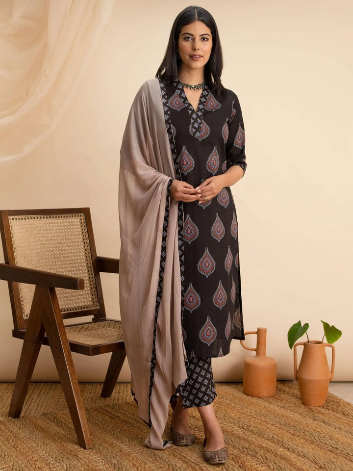 Black Printed Cotton Suit Set - Libas