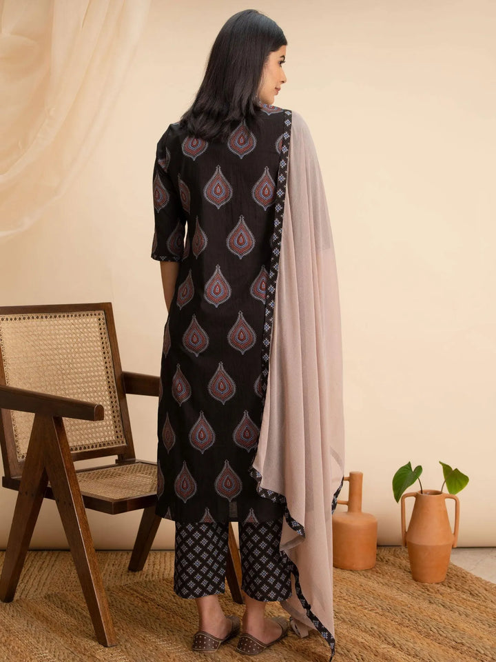 Black Printed Cotton Suit Set - Libas