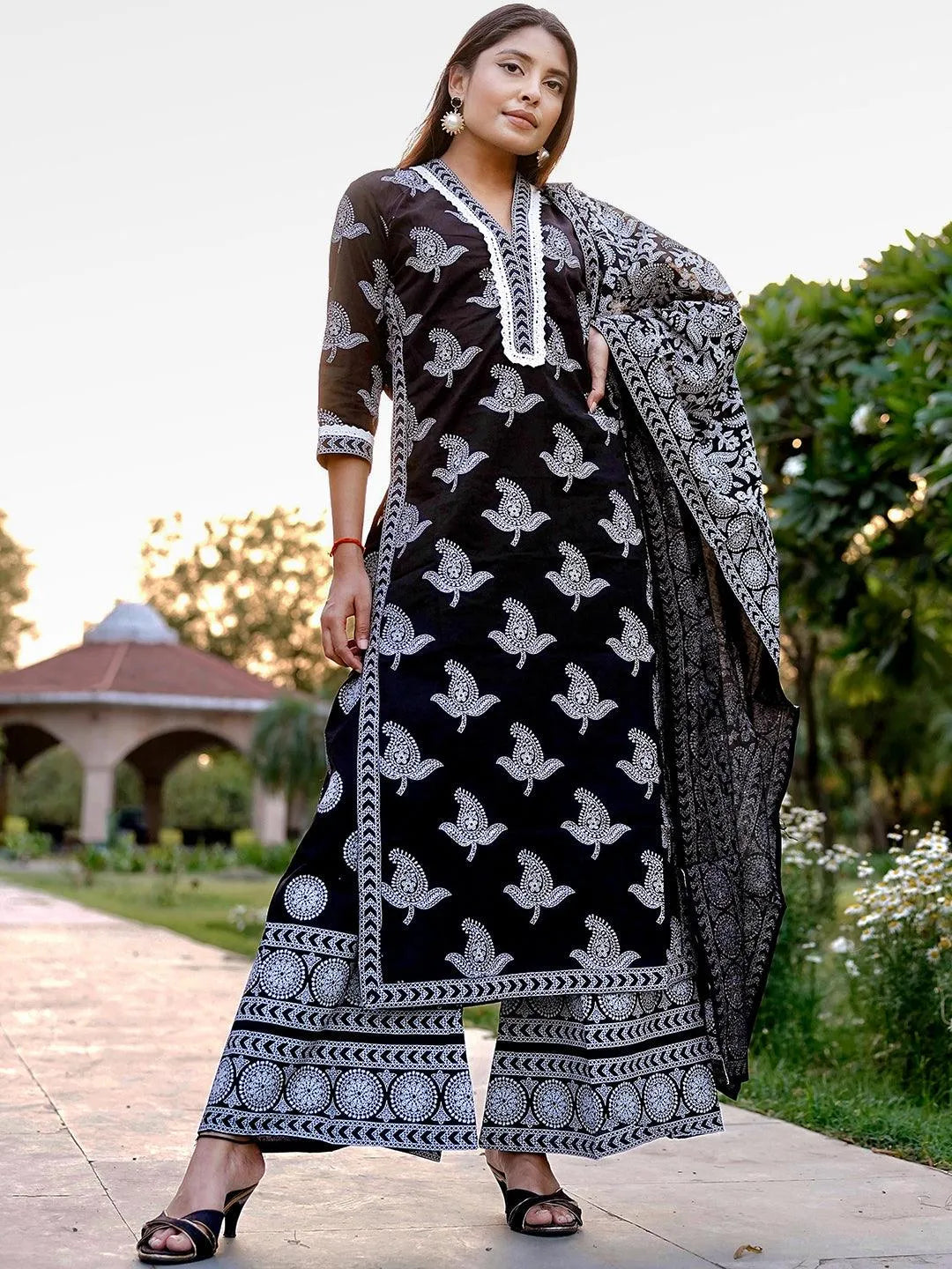 Black Printed Cotton Suit Set - Libas 