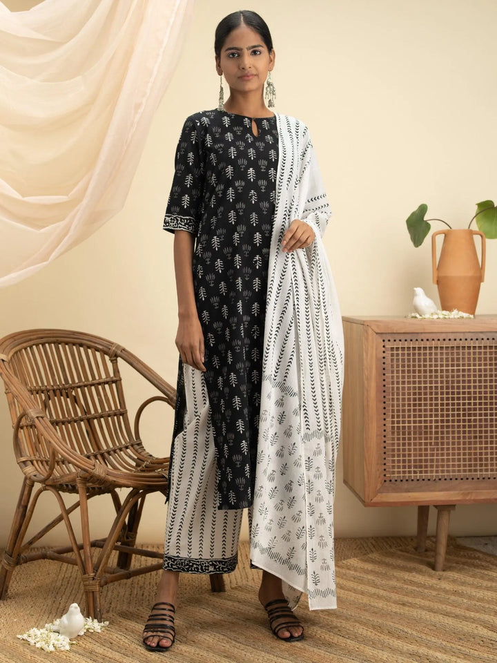 Black Printed Cotton Suit Set - Libas