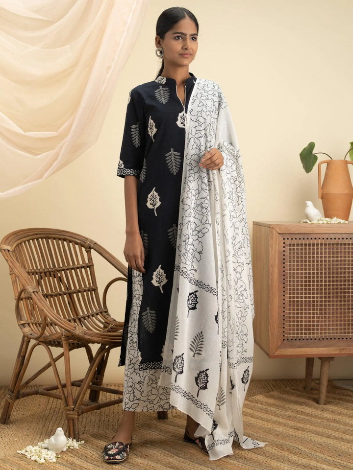 Black Printed Cotton Suit Set - Libas