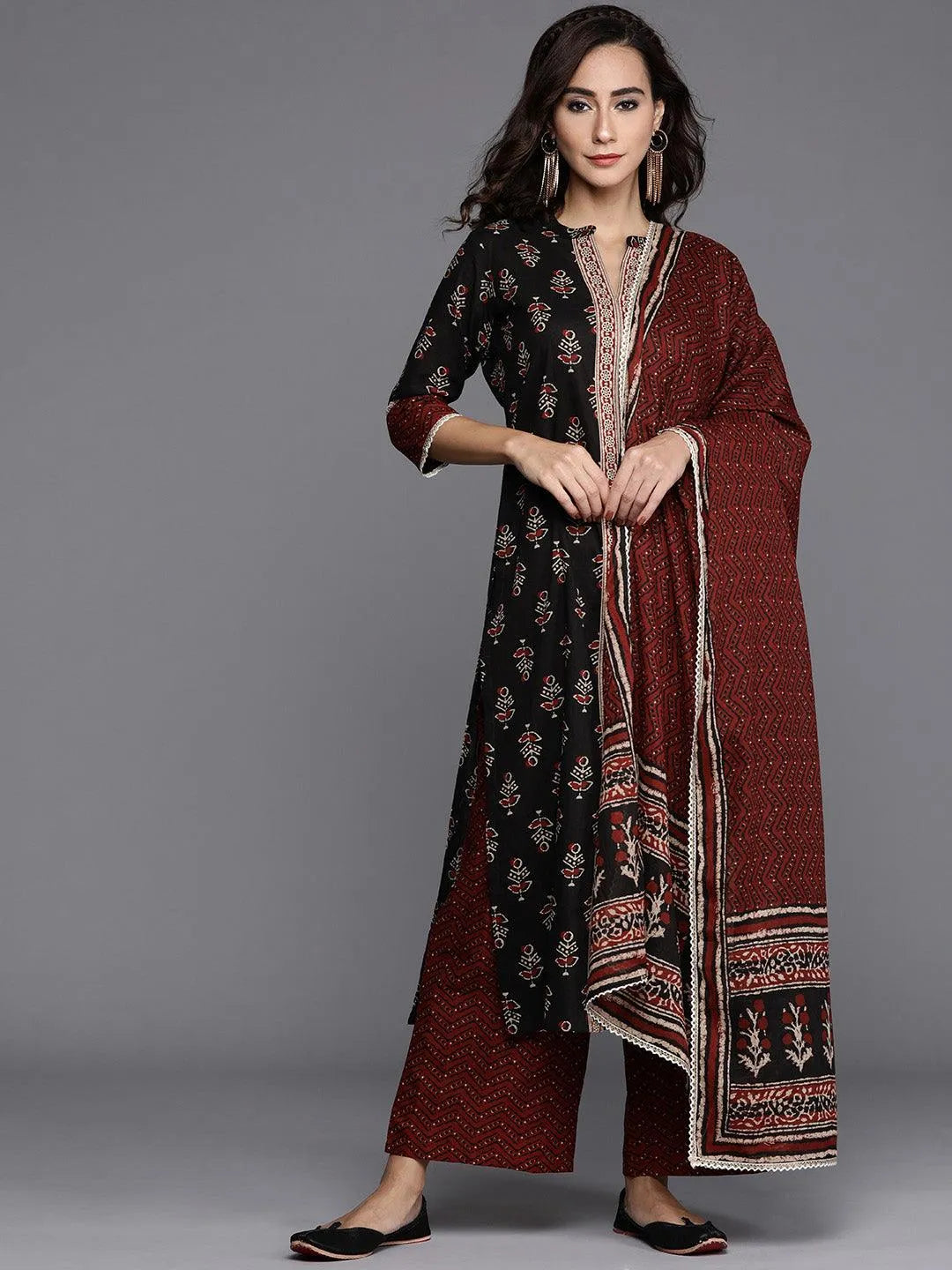 Black Printed Cotton Suit Set - Libas 