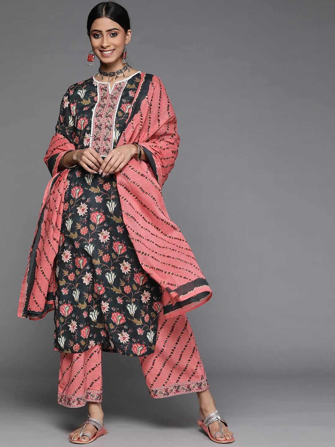 Black Printed Cotton Suit Set - Libas 