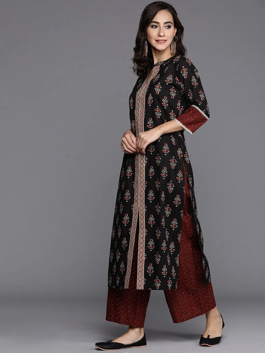 Black Printed Cotton Suit Set - Libas 