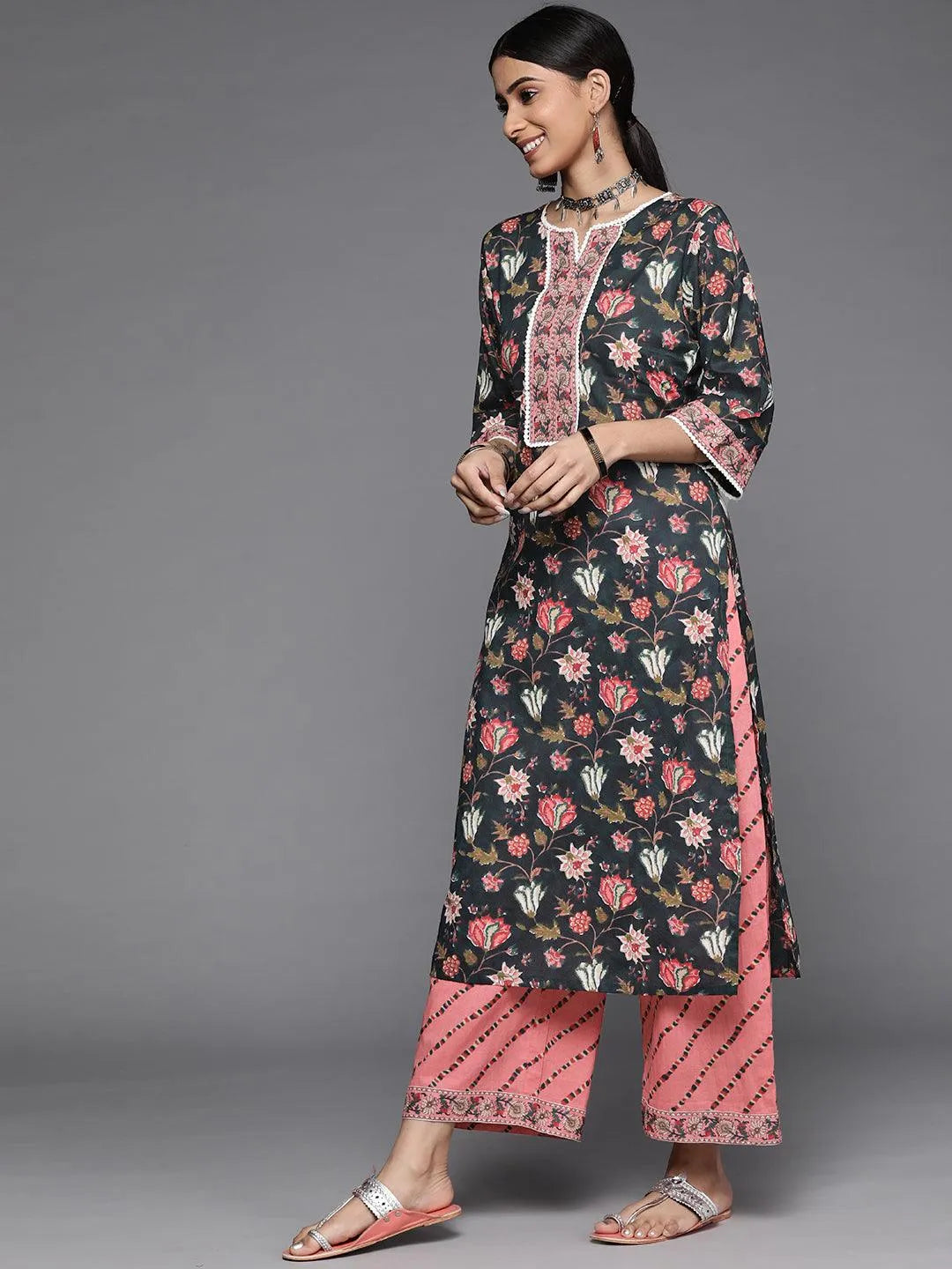 Black Printed Cotton Suit Set - Libas