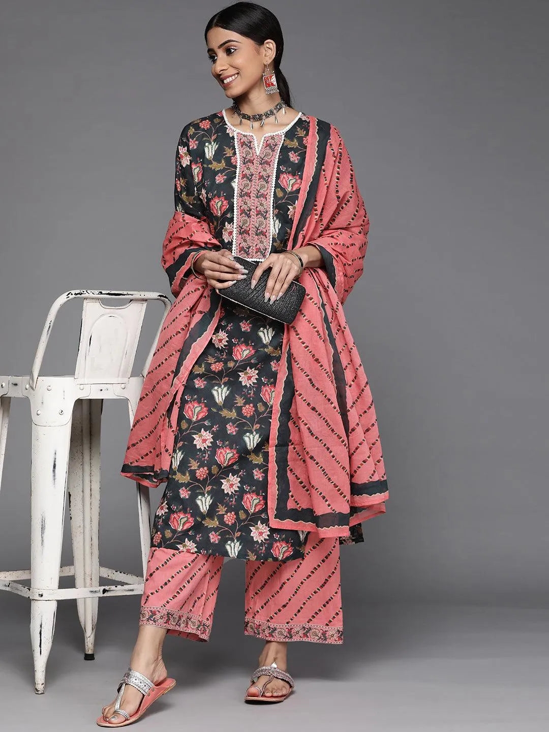 Black Printed Cotton Suit Set - Libas 