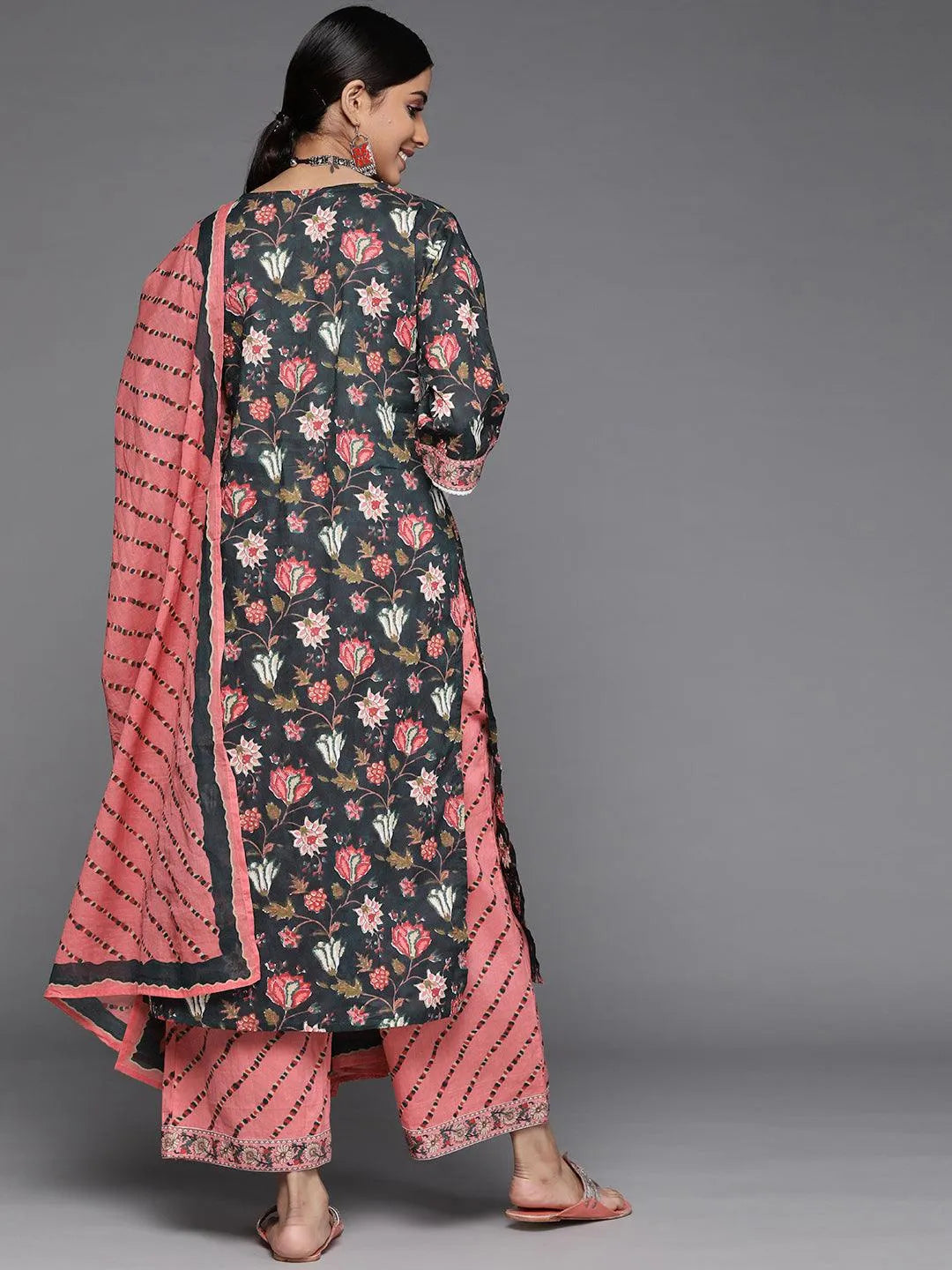 Black Printed Cotton Suit Set - Libas 