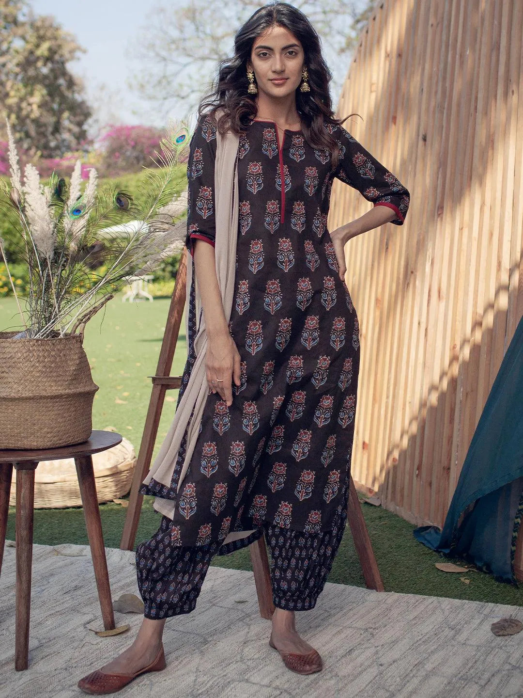 Black Printed Cotton Suit Set - Libas 