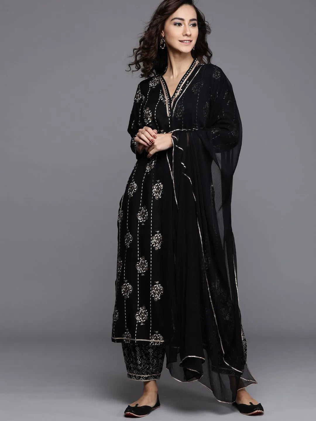 Black Printed Cotton Suit Set - Libas 