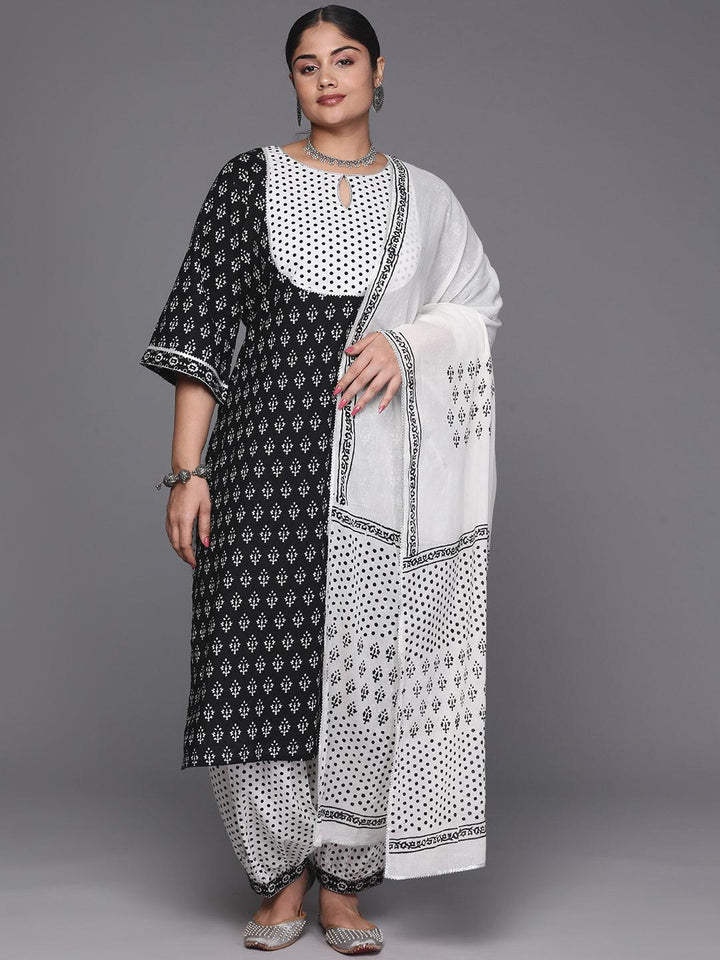 Black Yoke Design Cotton Straight Kurta With Trousers & Dupatta - Libas