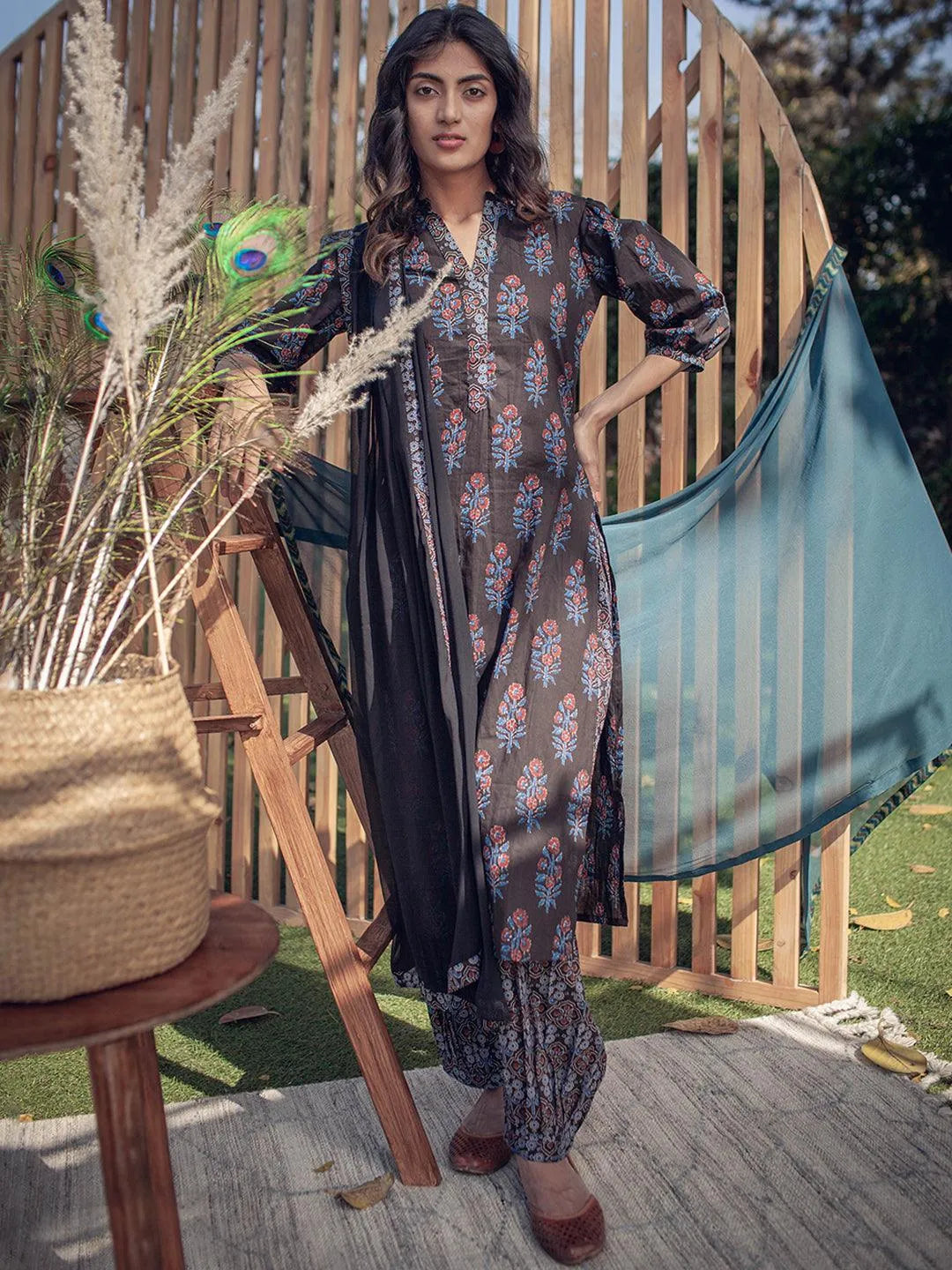 Black Printed Cotton Suit Set - Libas 