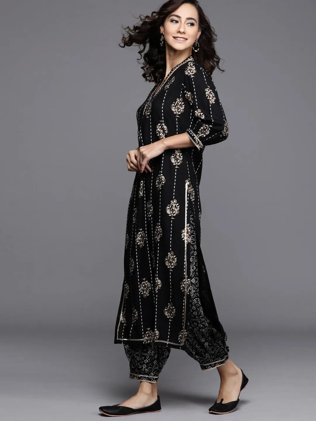 Black Printed Cotton Suit Set - Libas 