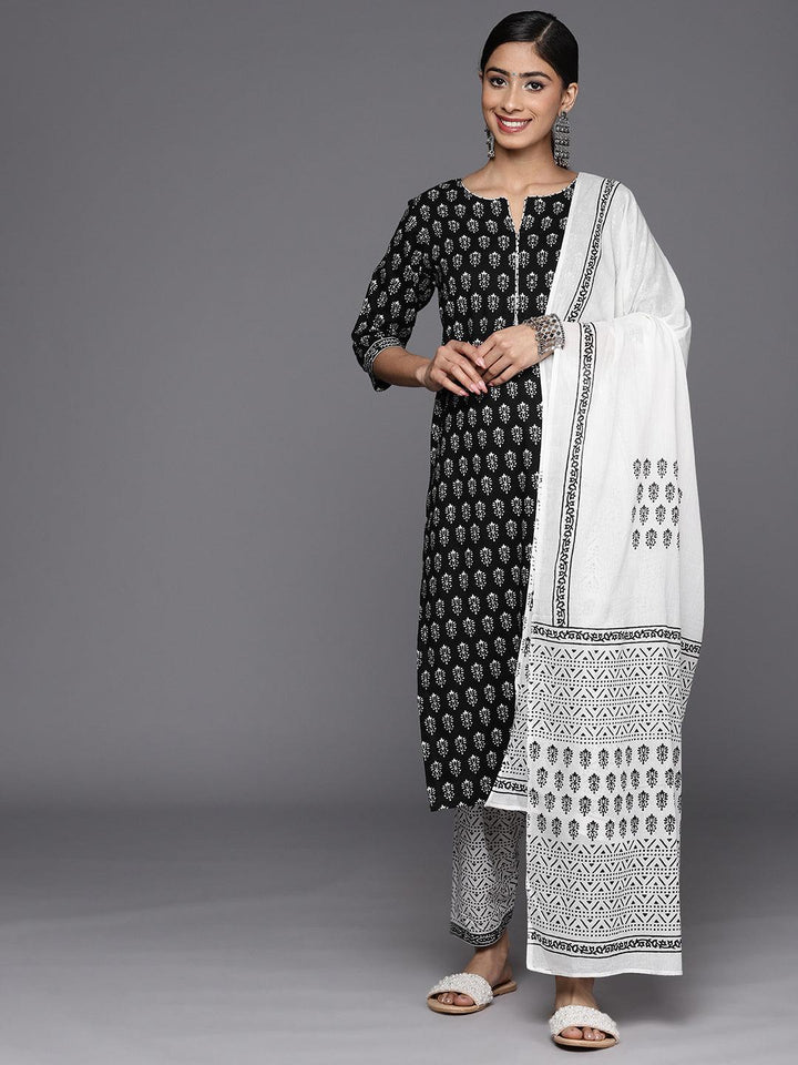 Black Printed Cotton Straight Suit Set With Salwar - Libas