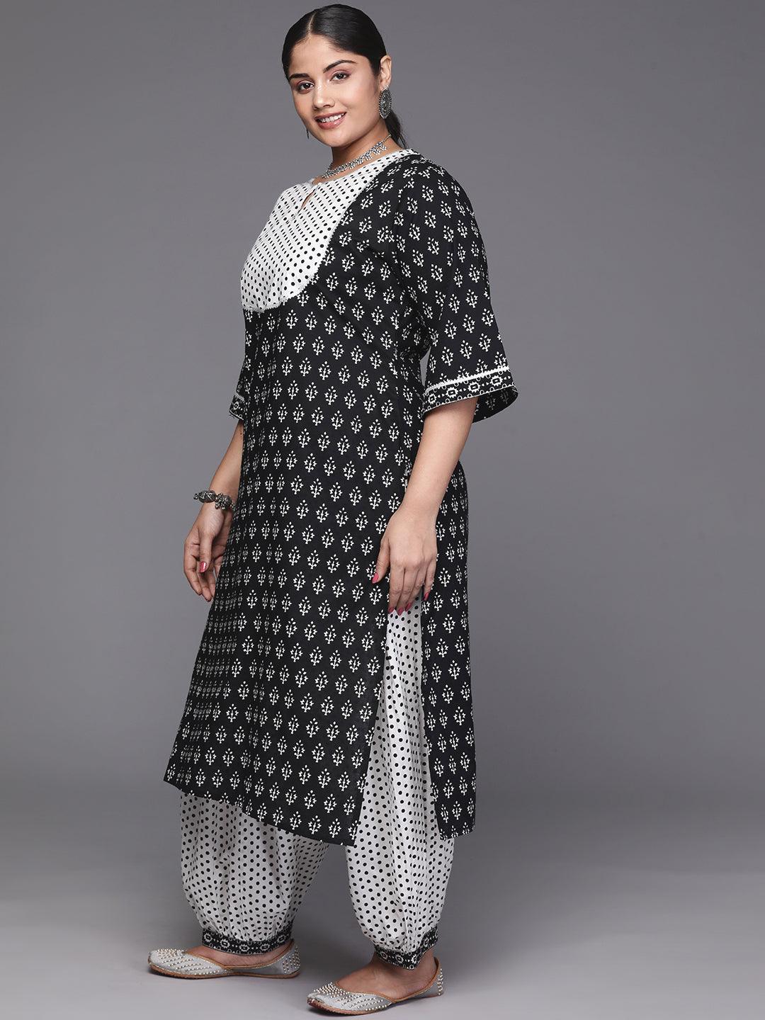 Black Yoke Design Cotton Straight Kurta With Trousers & Dupatta - Libas