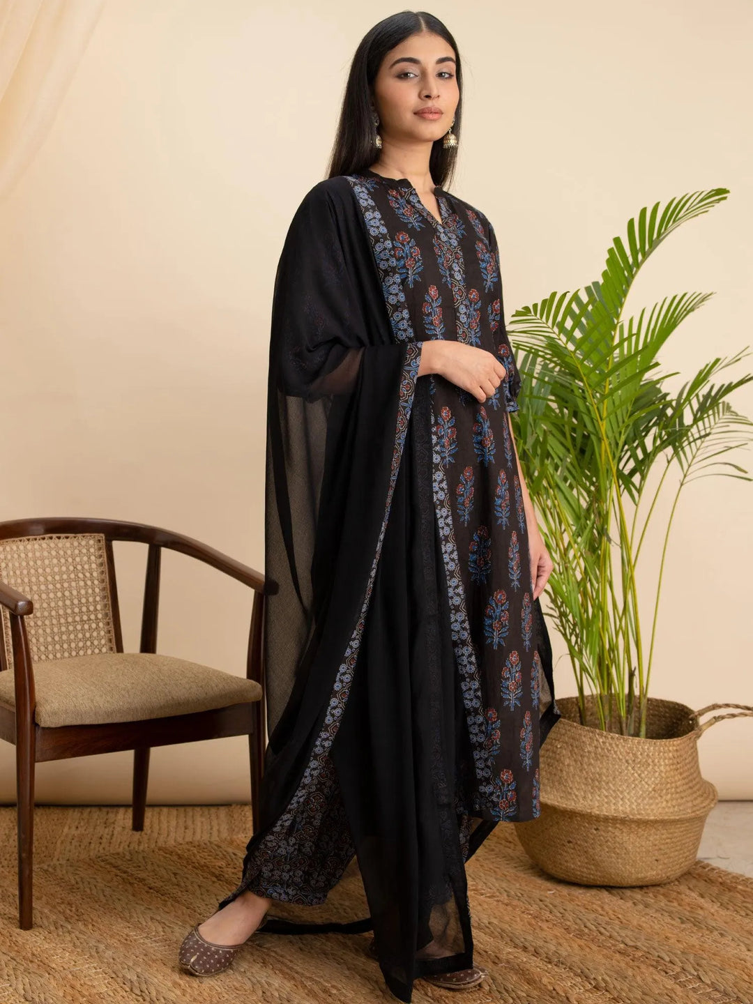 Black Printed Cotton Suit Set - Libas 