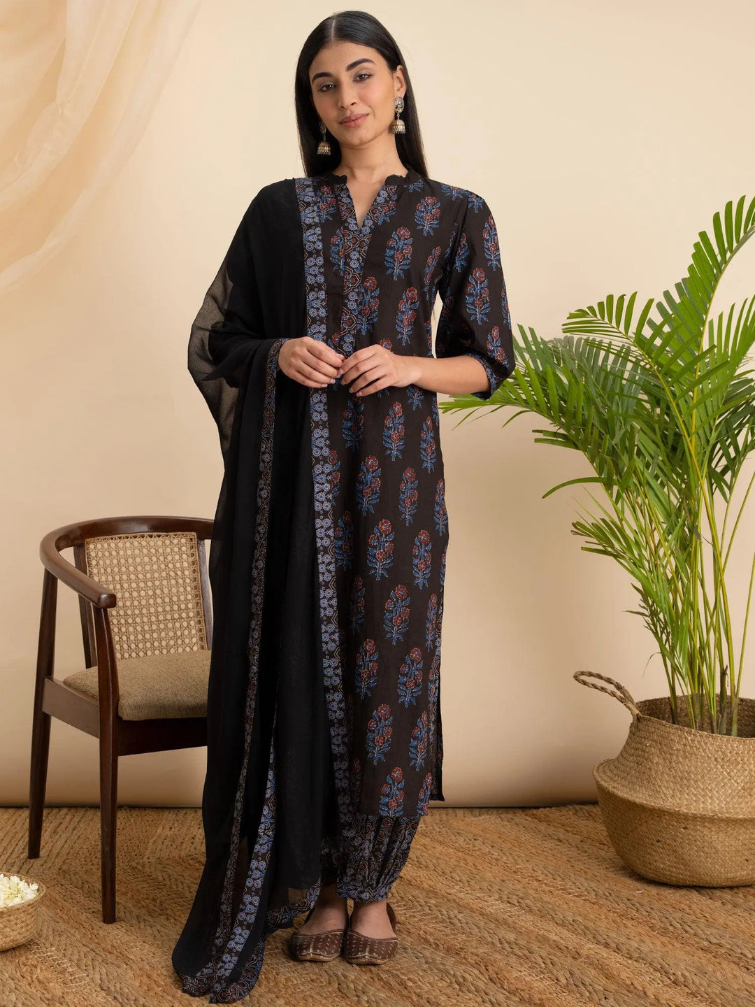 Black Printed Cotton Suit Set - Libas 