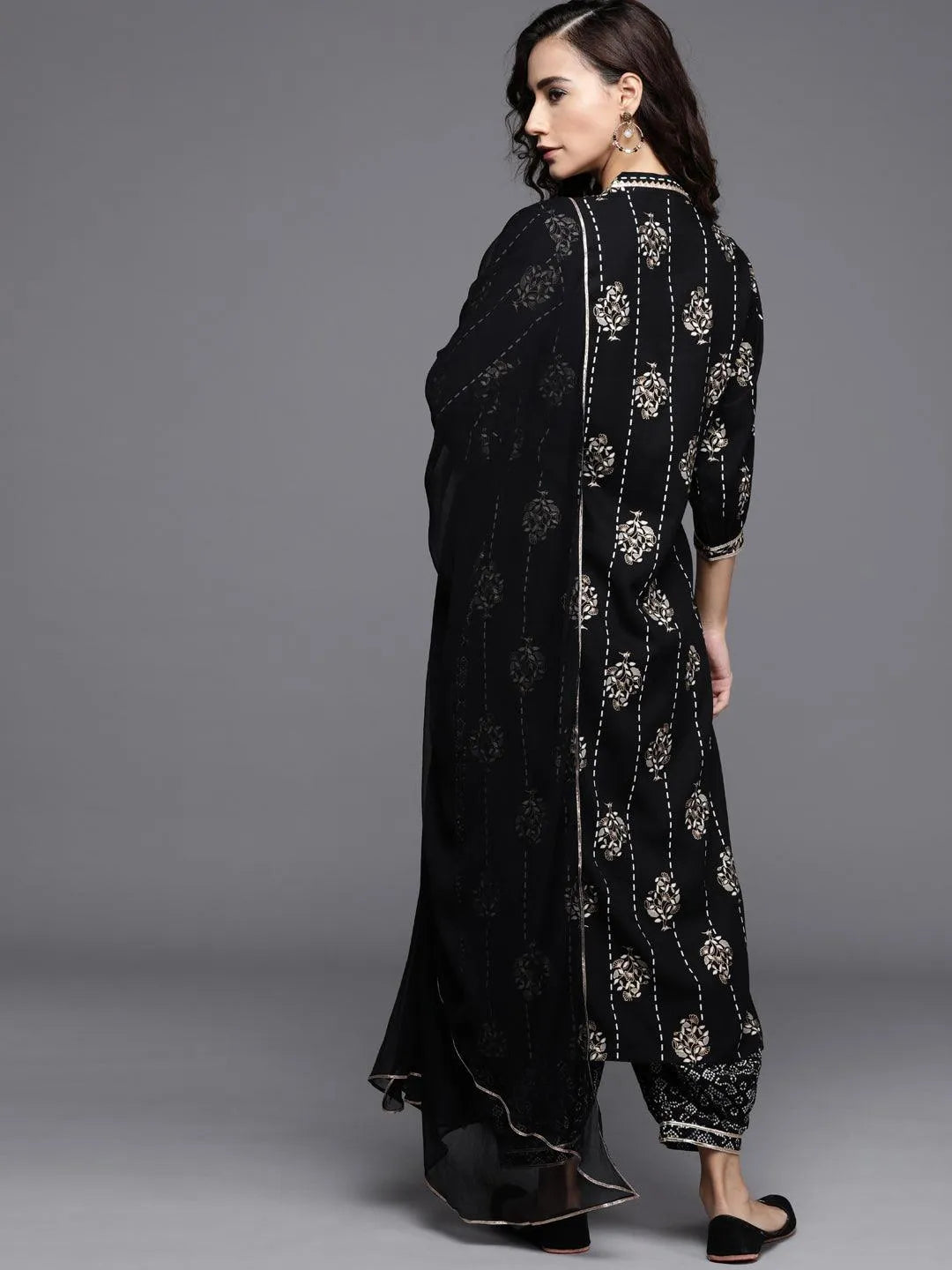 Black Printed Cotton Suit Set - Libas 