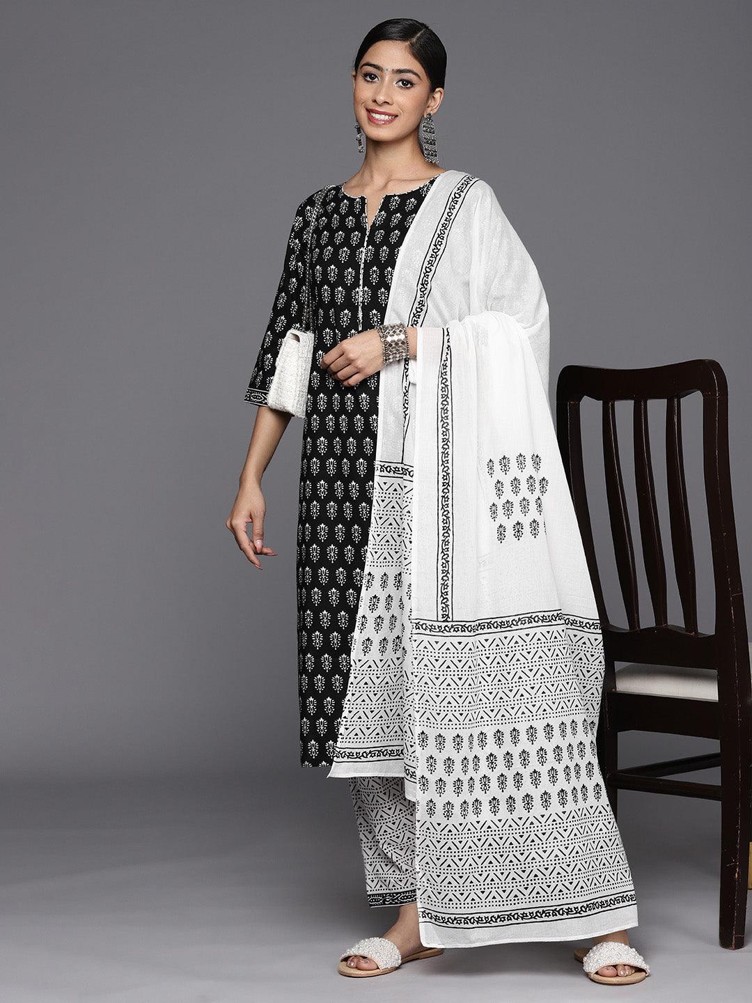 Black Printed Cotton Straight Suit Set With Salwar - Libas