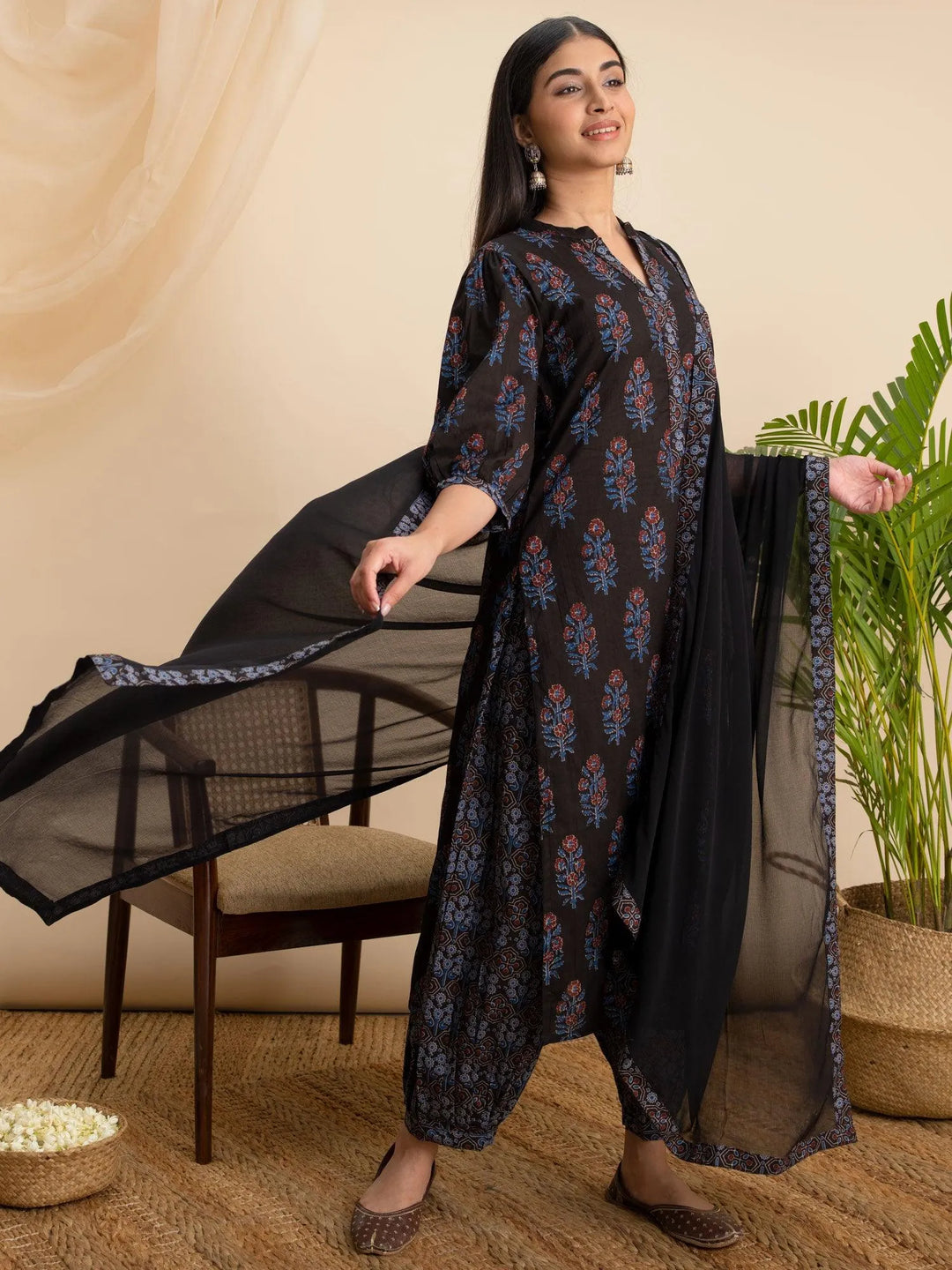 Black Printed Cotton Suit Set - Libas 