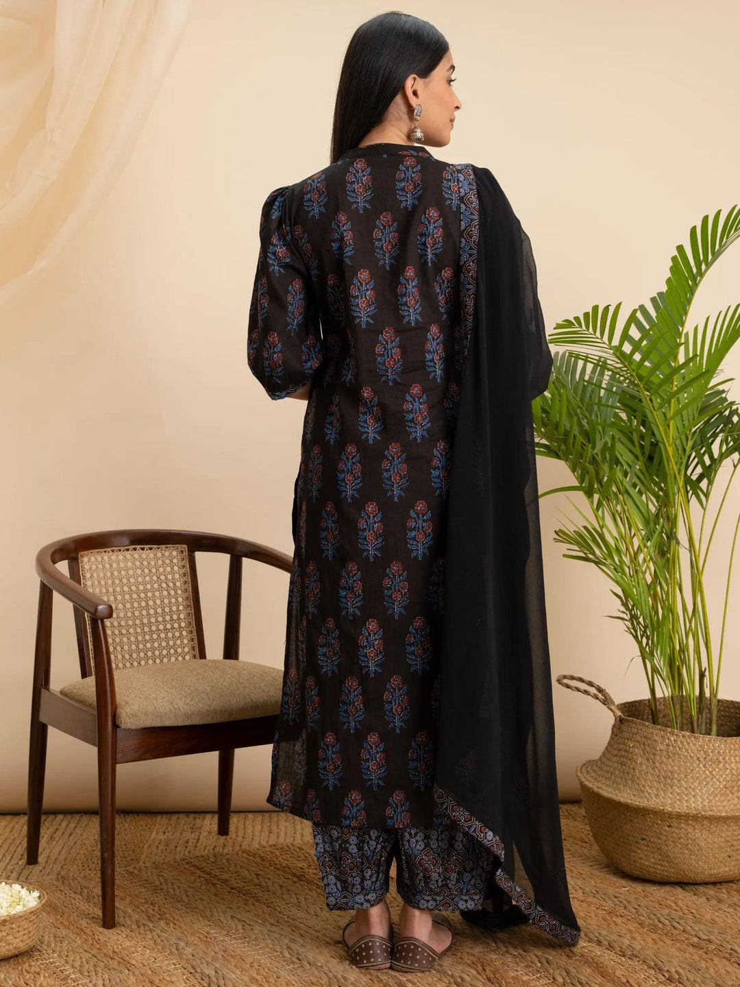 Black Printed Cotton Suit Set - Libas 