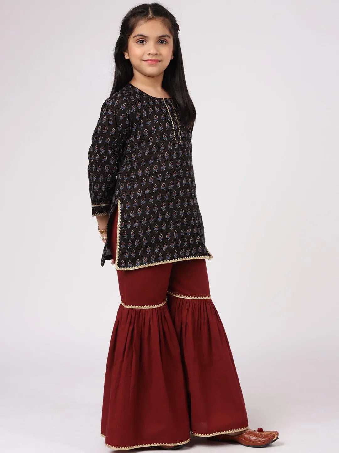 Black Printed Cotton Straight Suit Set - Libas 