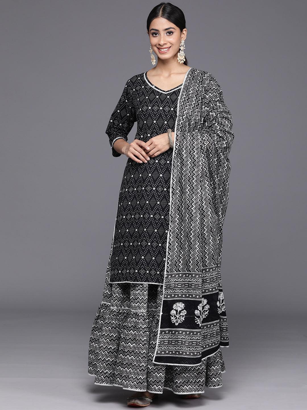 Black Printed Cotton Straight Kurta With Skirt & Dupatta - Libas 