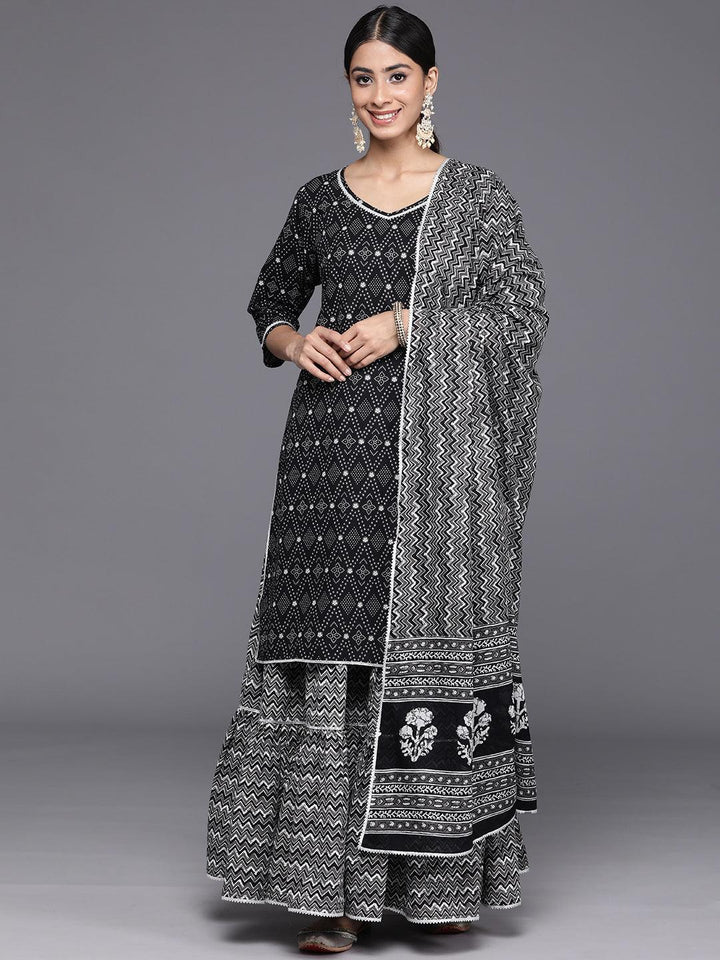 Black Printed Cotton Straight Kurta With Skirt & Dupatta - Libas