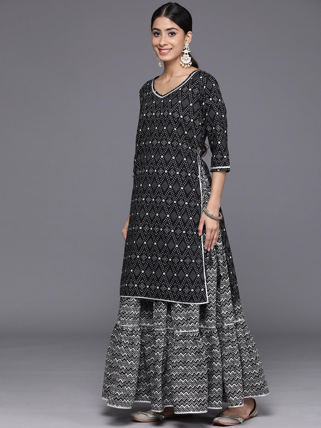 Black Printed Cotton Straight Kurta With Skirt & Dupatta - Libas 