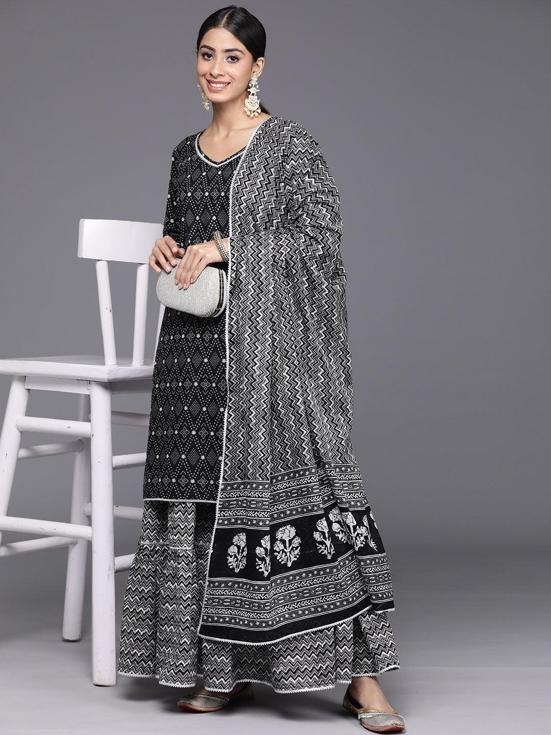 Black Printed Cotton Straight Kurta With Skirt & Dupatta - Libas 