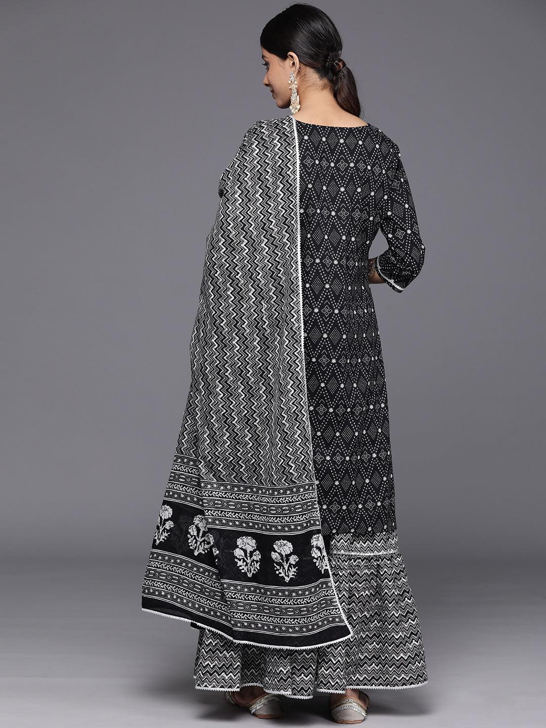 Black Printed Cotton Straight Kurta With Skirt & Dupatta - Libas 