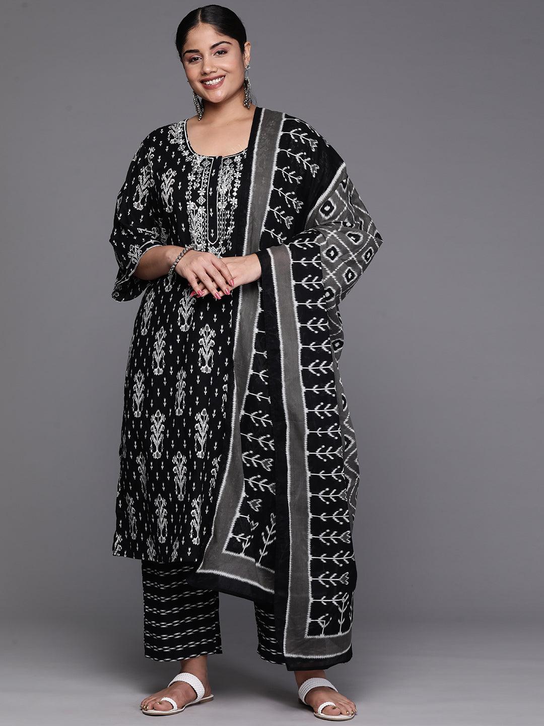 Black Yoke Design Cotton Straight Kurta With Trousers & Dupatta - Libas 