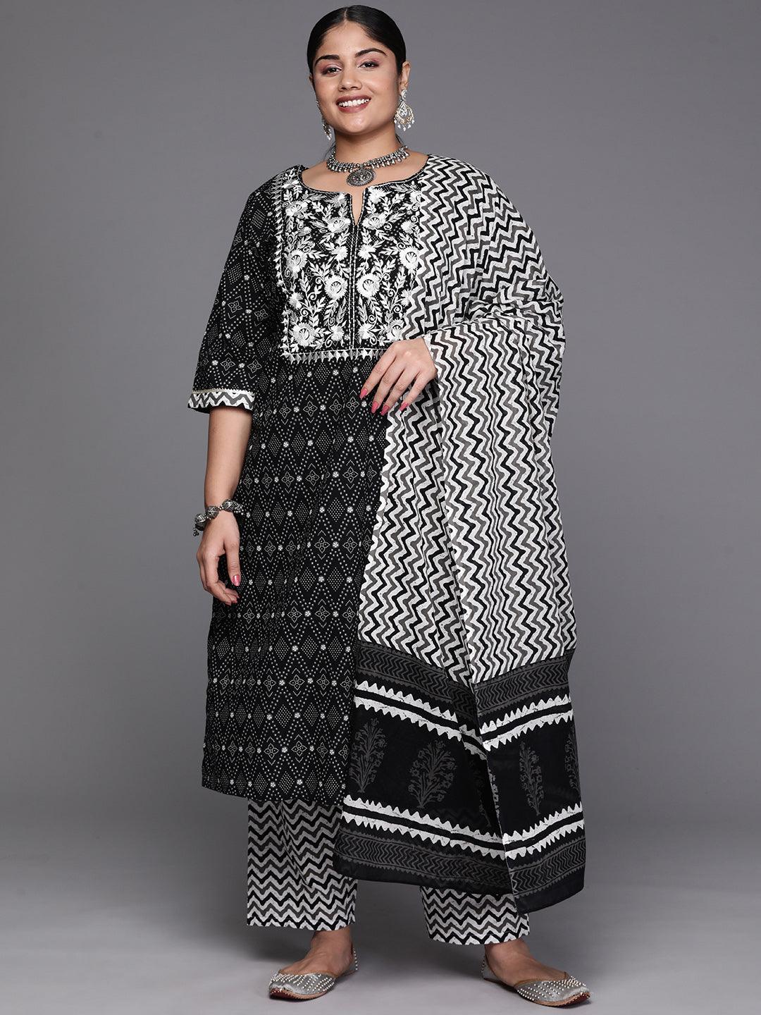 Black Yoke Design Cotton Straight Kurta With Trousers & Dupatta - Libas 