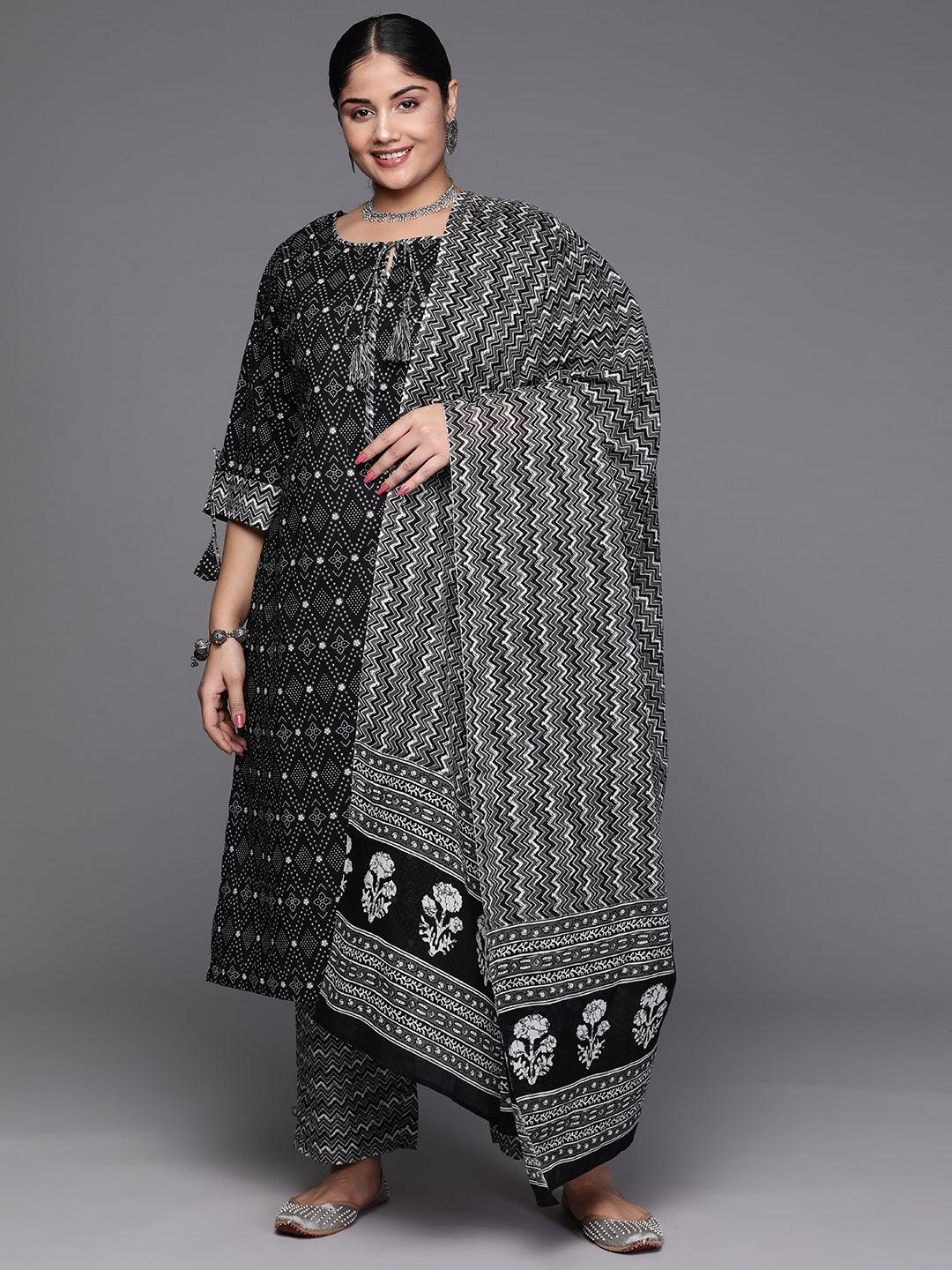 Black Yoke Design Cotton Straight Kurta With Trousers & Dupatta - Libas 