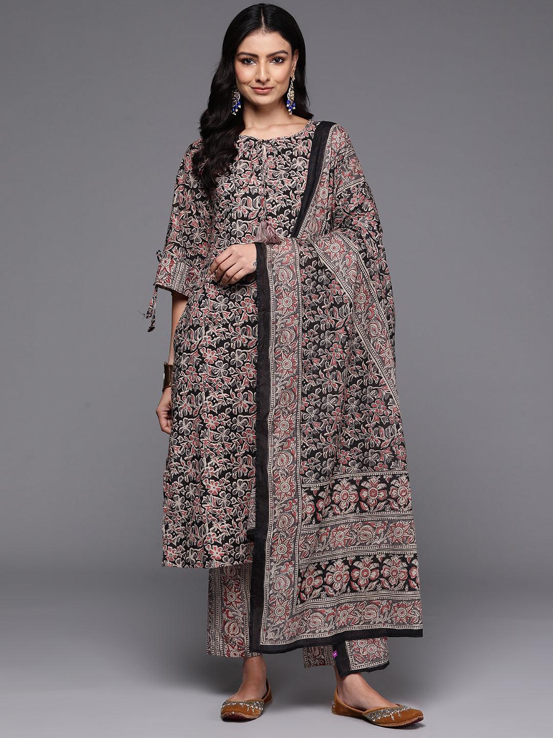 Black Printed Cotton Straight Kurta With Trousers & Dupatta - Libas 