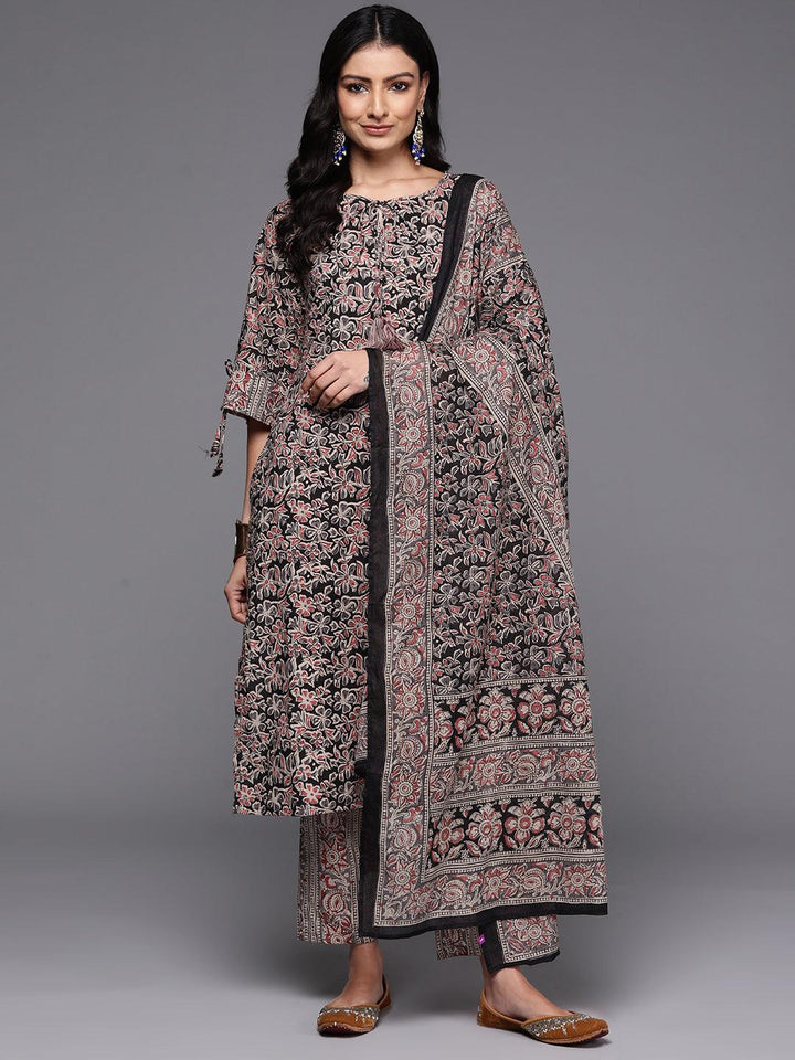 Black Printed Cotton Straight Kurta With Trousers & Dupatta - Libas