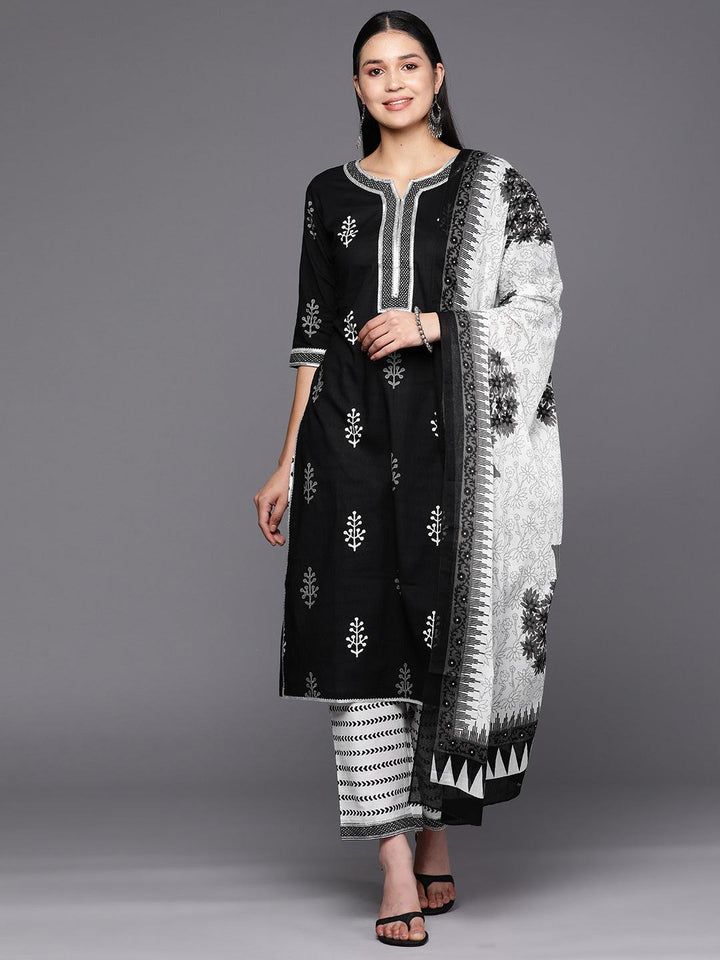 Black Printed Cotton Straight Suit Set With Trousers - Libas