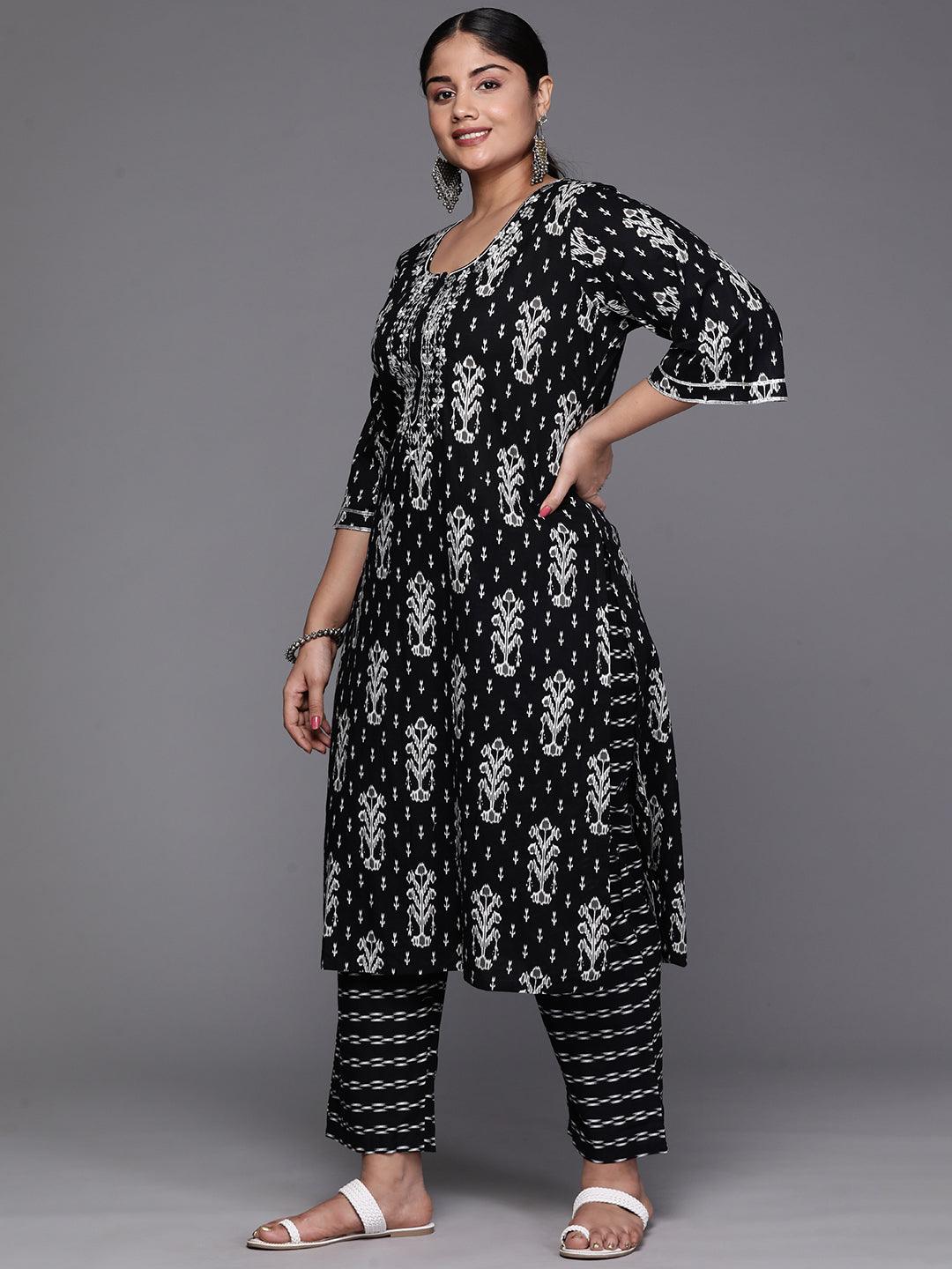 Black Yoke Design Cotton Straight Kurta With Trousers & Dupatta - Libas 