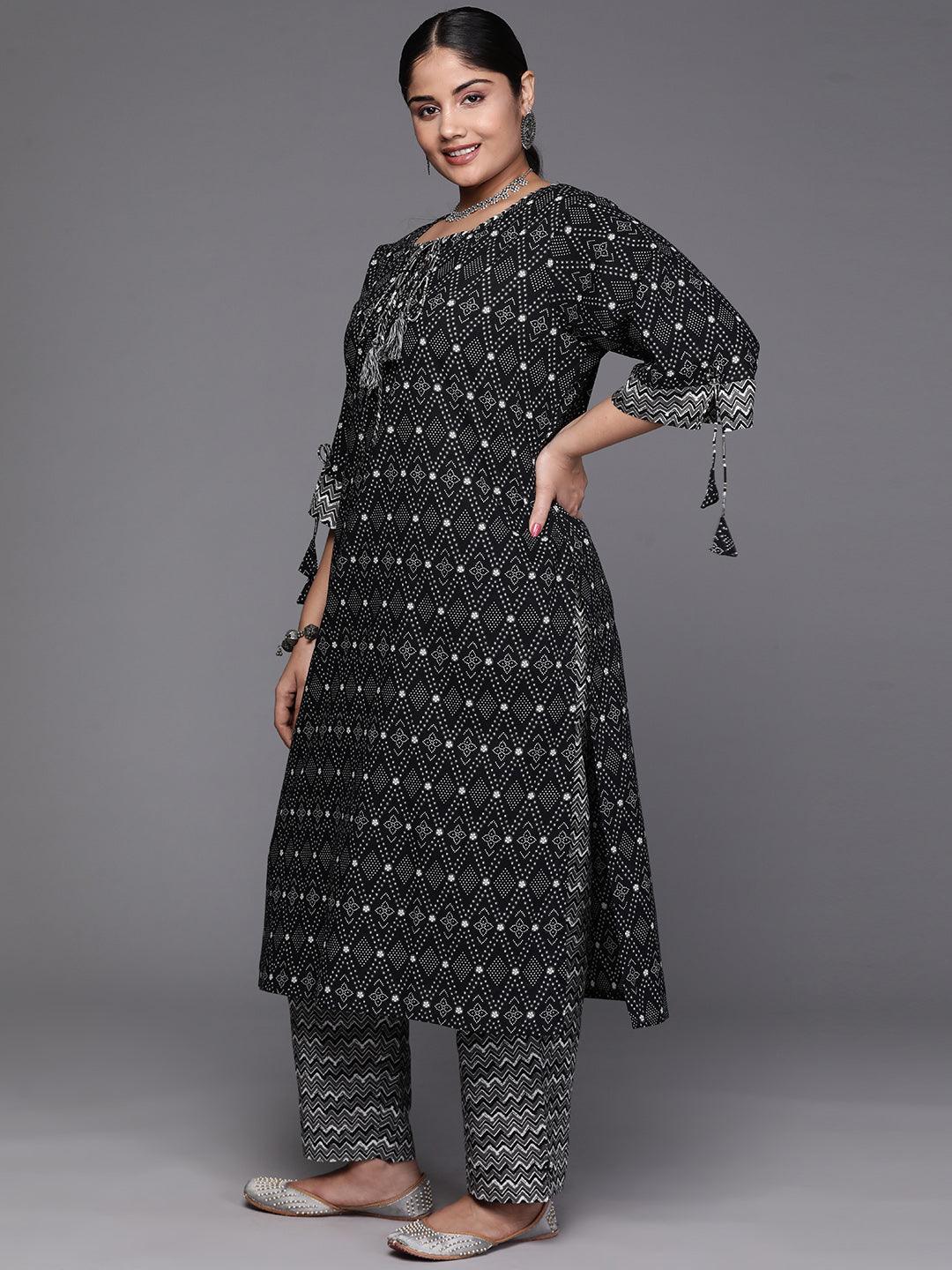 Black Yoke Design Cotton Straight Kurta With Trousers & Dupatta - Libas 