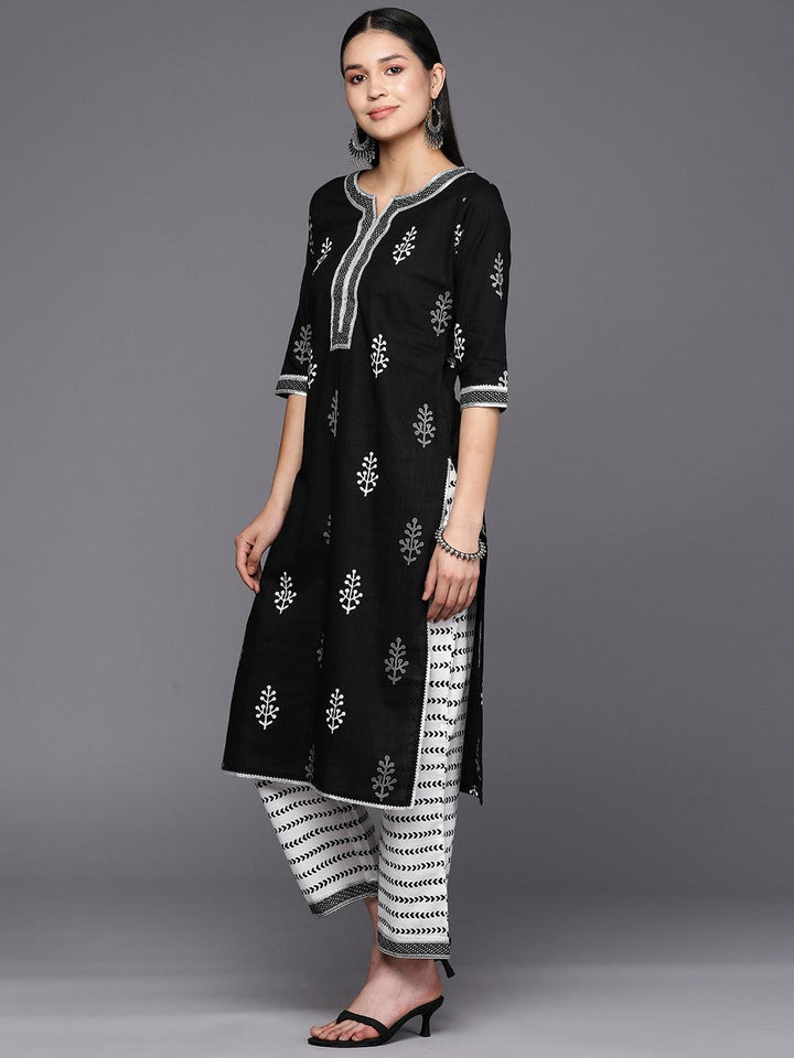 Black Printed Cotton Straight Suit Set With Trousers - Libas