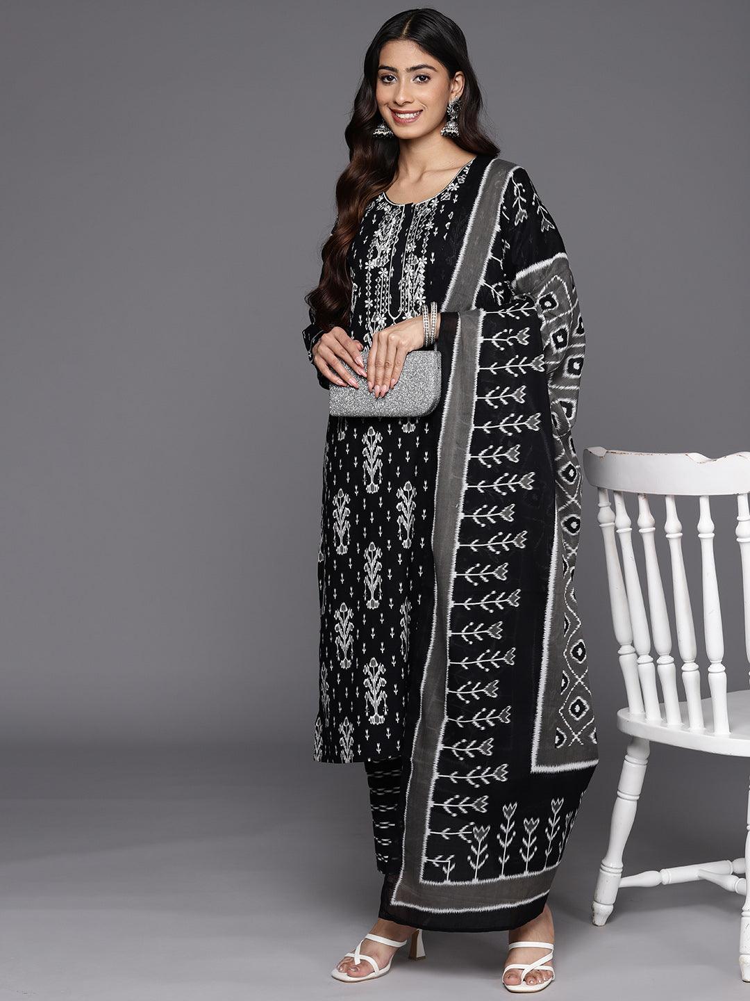 Black Printed Cotton Straight Suit Set With Trousers - Libas 