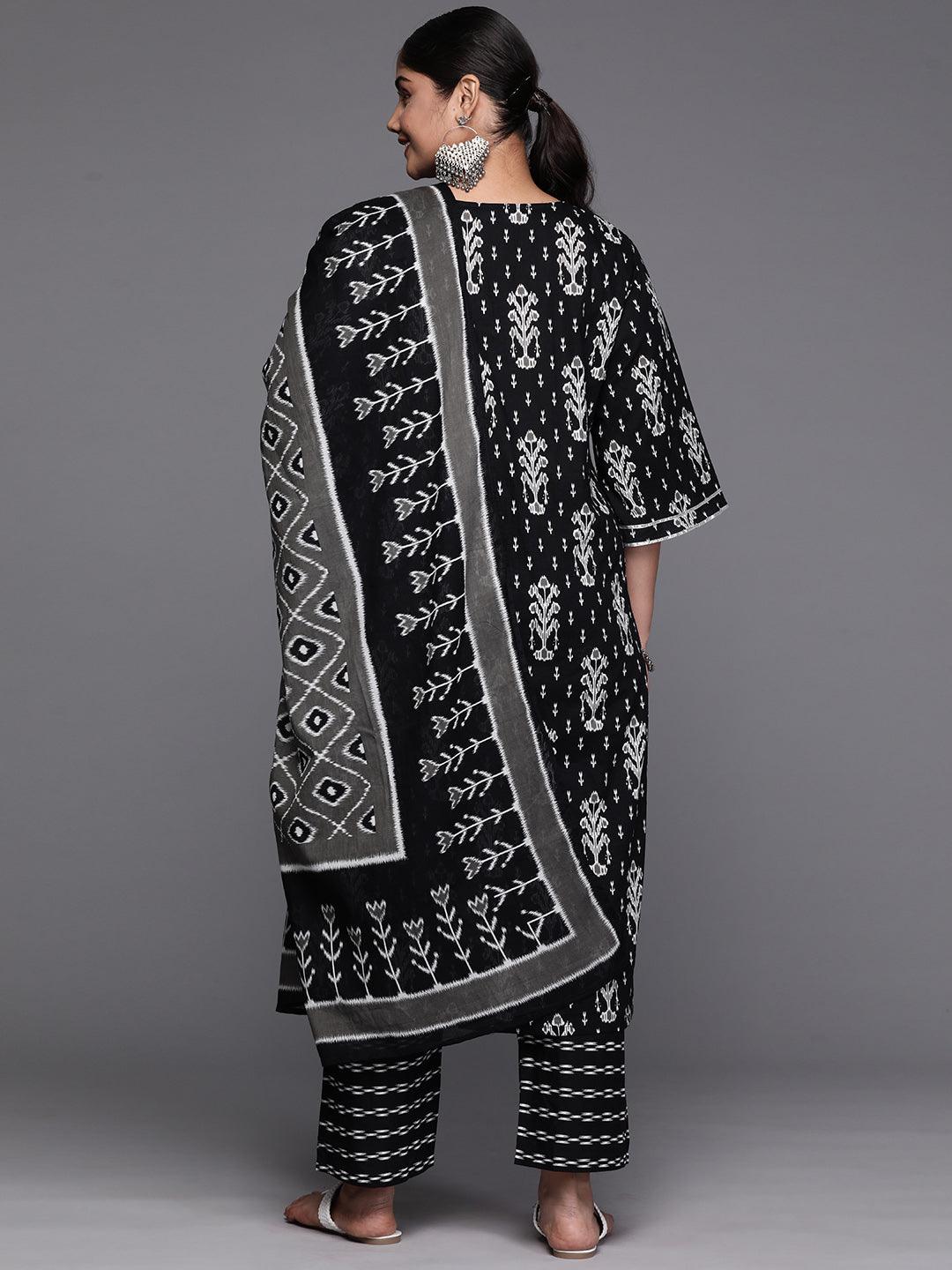 Black Yoke Design Cotton Straight Kurta With Trousers & Dupatta - Libas 