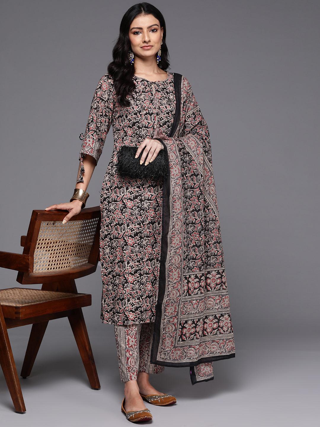 Black Printed Cotton Straight Kurta With Trousers & Dupatta - Libas 