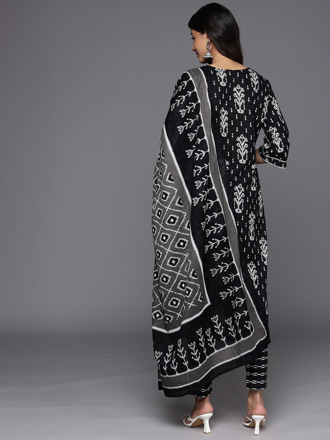 Black Printed Cotton Straight Suit Set With Trousers - Libas 