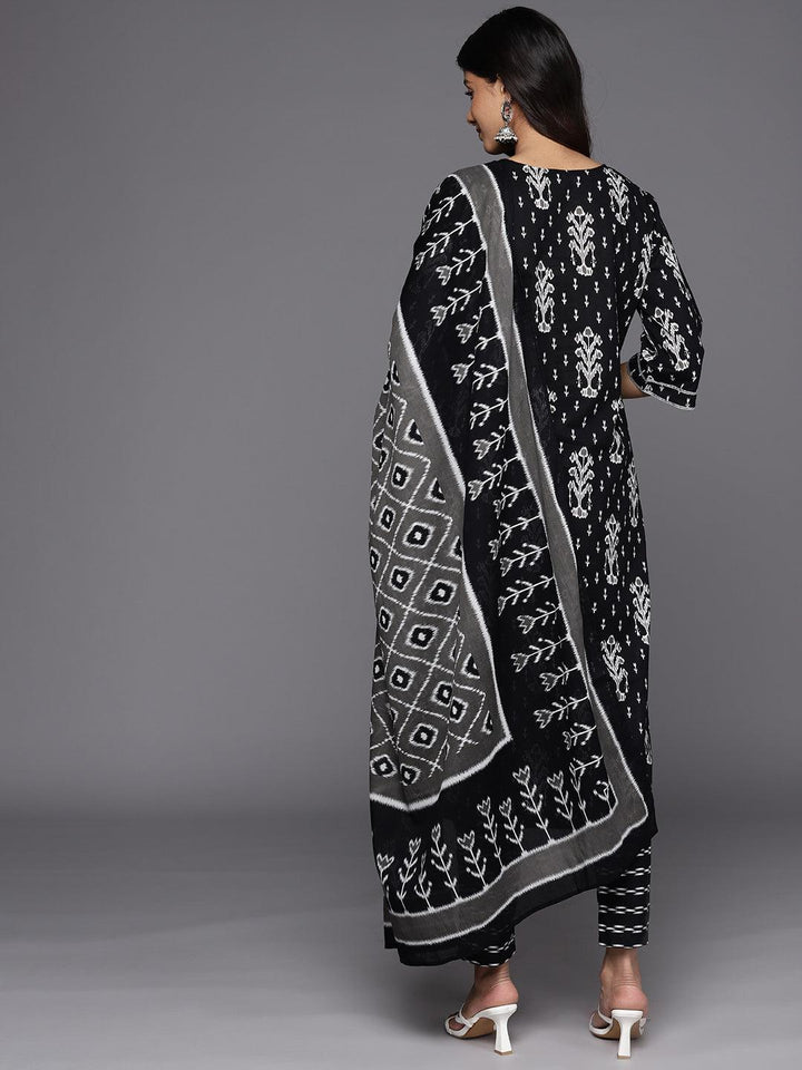 Black Printed Cotton Straight Suit Set With Trousers - Libas