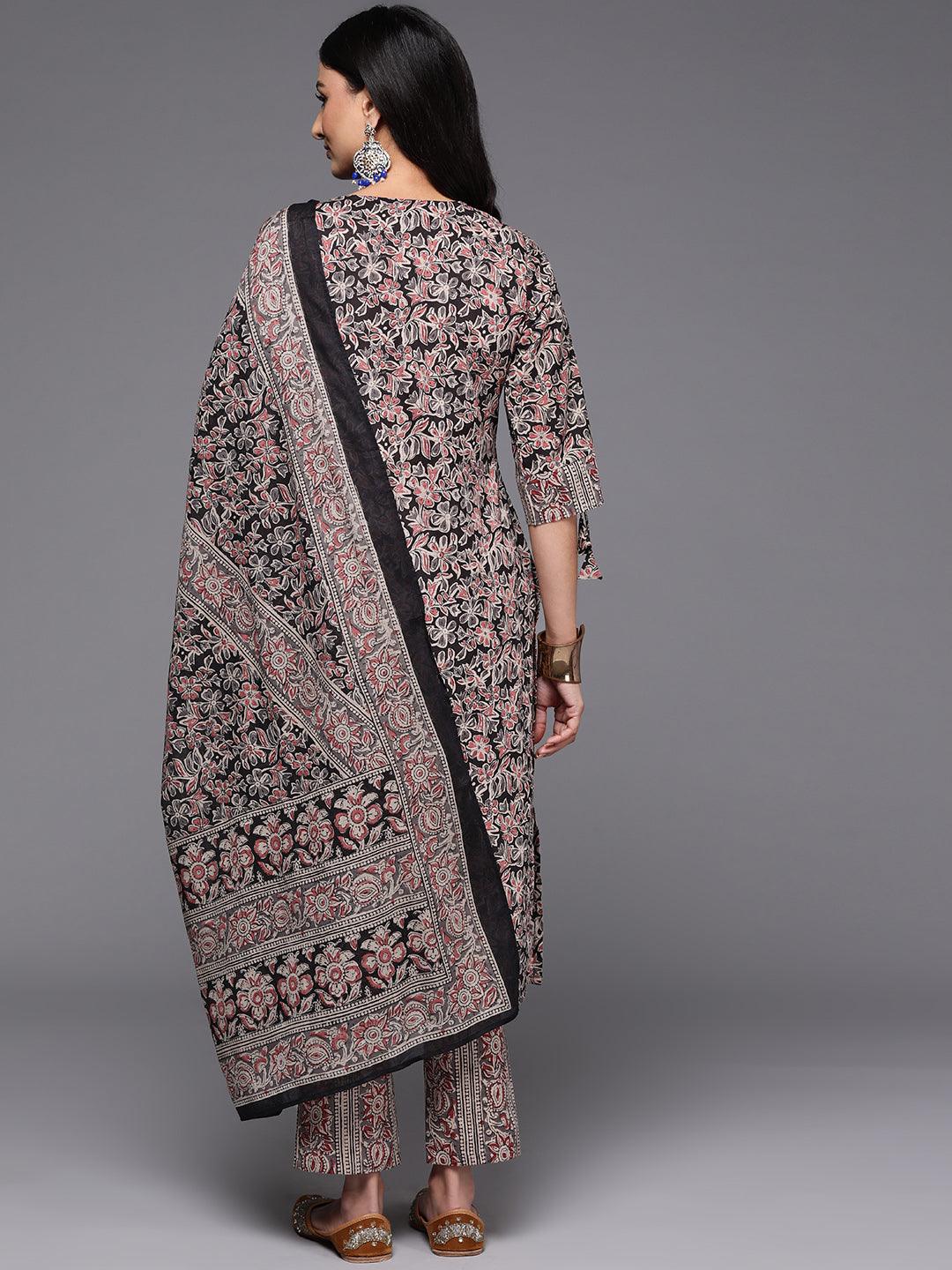 Black Printed Cotton Straight Kurta With Trousers & Dupatta - Libas