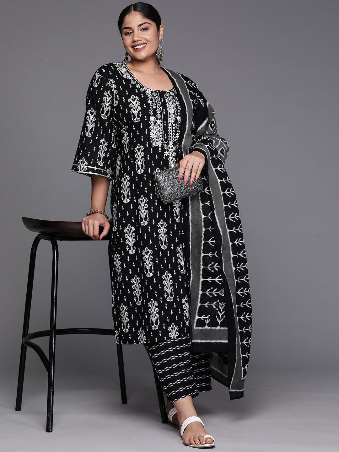 Black Yoke Design Cotton Straight Kurta With Trousers & Dupatta - Libas 